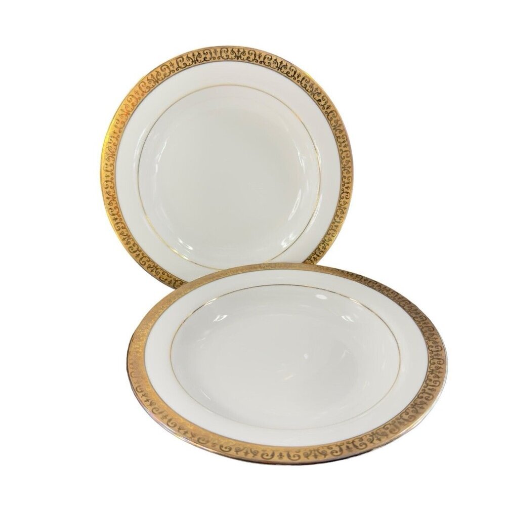 Royal Gallery Gold Deep Dish Plates Macy 1991 Porcelain Made In Sri Lanka Set 2